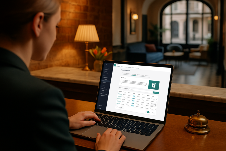 Woman sitting at the hotel front desk looking at deposits dashboard on her laptop.